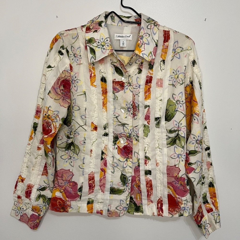 Coldwater Creek Flowered Ruffled Top Bloomcore Friendly Nature Vacation Women's